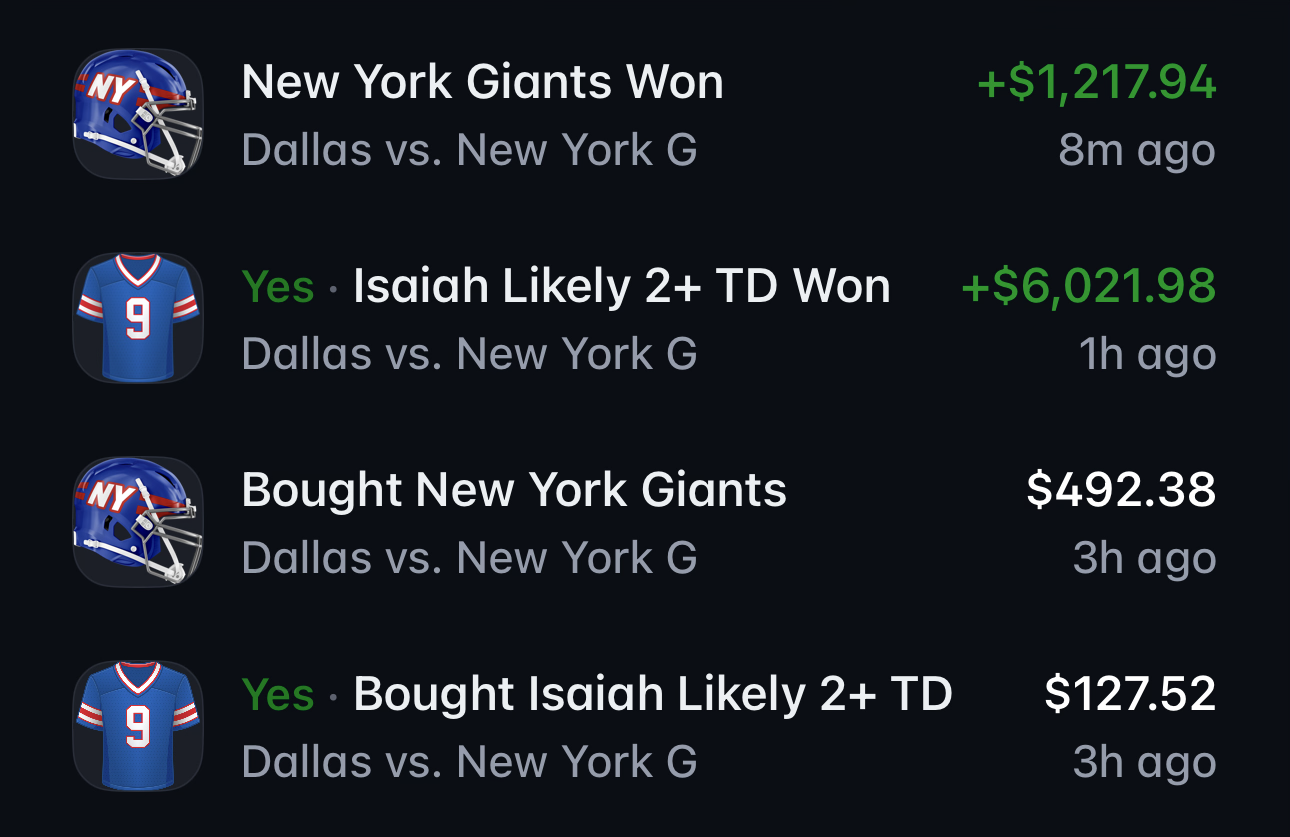 Founder-supplied history showing winning credits of $1,217.94 for New York Giants and $6,021.98 for Isaiah Likely, with purchases of $492.38 and $127.52.